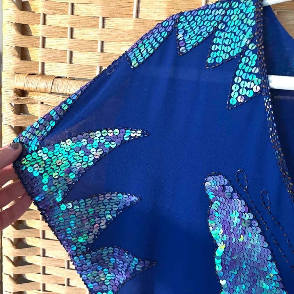 Free People Vintage Sequin Butterfly Blue Top in Blue 90s Festival Crop Small